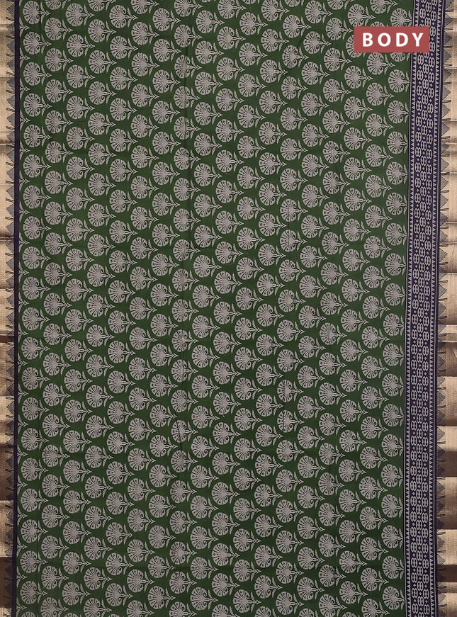 Maheshwari cotton saree sap green and navy blue with allover flower prints and zari woven border