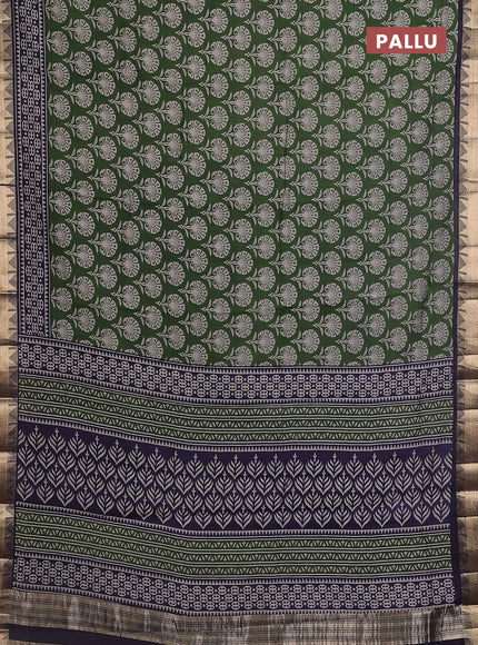 Maheshwari cotton saree sap green and navy blue with allover flower prints and zari woven border