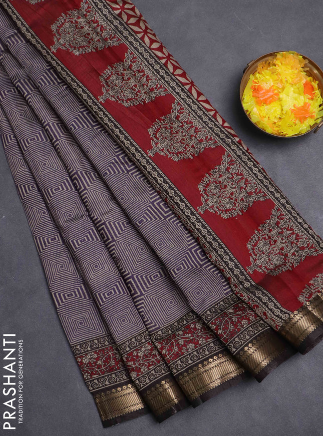 Maheshwari cotton saree navy blue and brown with allover geometric prints and zari woven border
