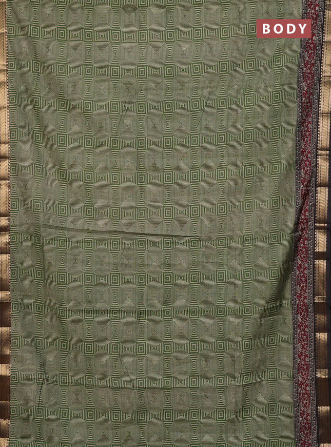Maheshwari cotton saree sap green and brown with allover geometric prints and zari woven border