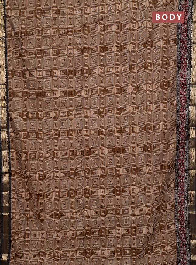 Maheshwari cotton saree dark mustard and brown with allover geometric prints and zari woven border