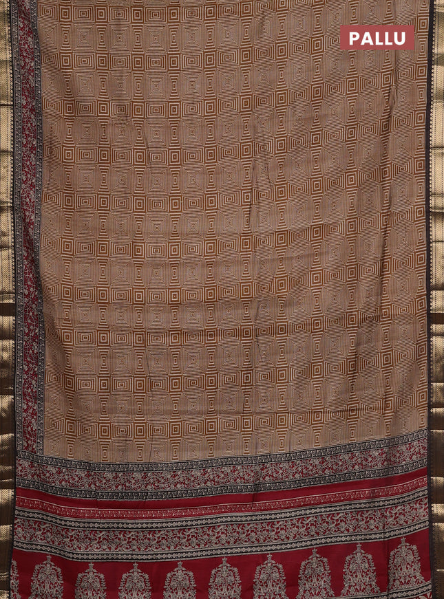 Maheshwari cotton saree dark mustard and brown with allover geometric prints and zari woven border