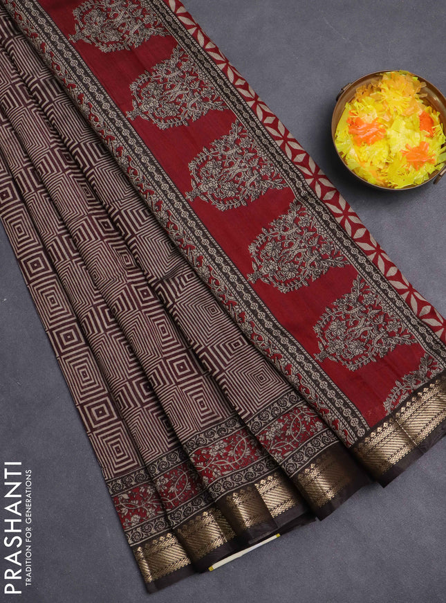 Maheshwari cotton saree maroon and brown with allover geometric prints and zari woven border