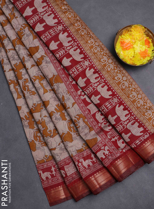 Maheshwari cotton saree dark mustard and maroon with allover pichwai prints and zari woven border