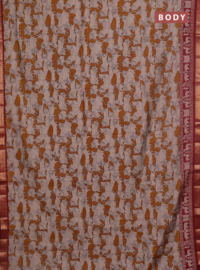 Maheshwari cotton saree dark mustard and maroon with allover pichwai prints and zari woven border