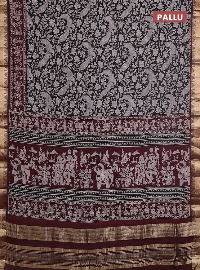 Maheshwari cotton saree black and maroon with allover kalamkari prints and zari woven border