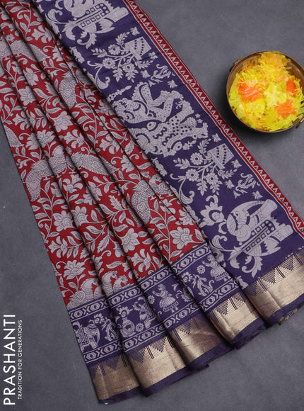 Maheshwari cotton saree maroon and navy blue with allover kalamkari prints and zari woven border