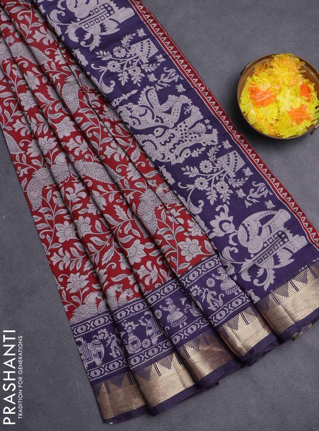 Maheshwari cotton saree maroon and navy blue with allover kalamkari prints and zari woven border