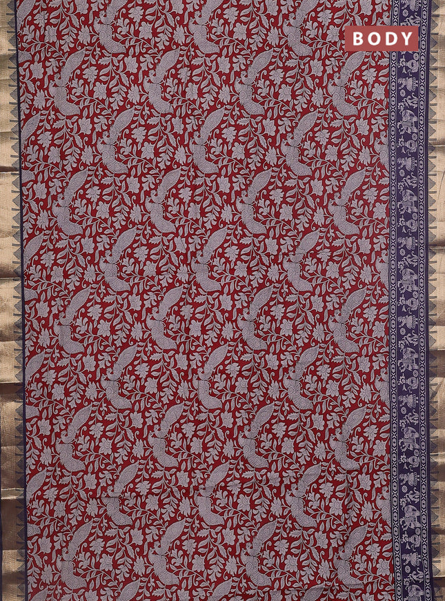 Maheshwari cotton saree maroon and navy blue with allover kalamkari prints and zari woven border