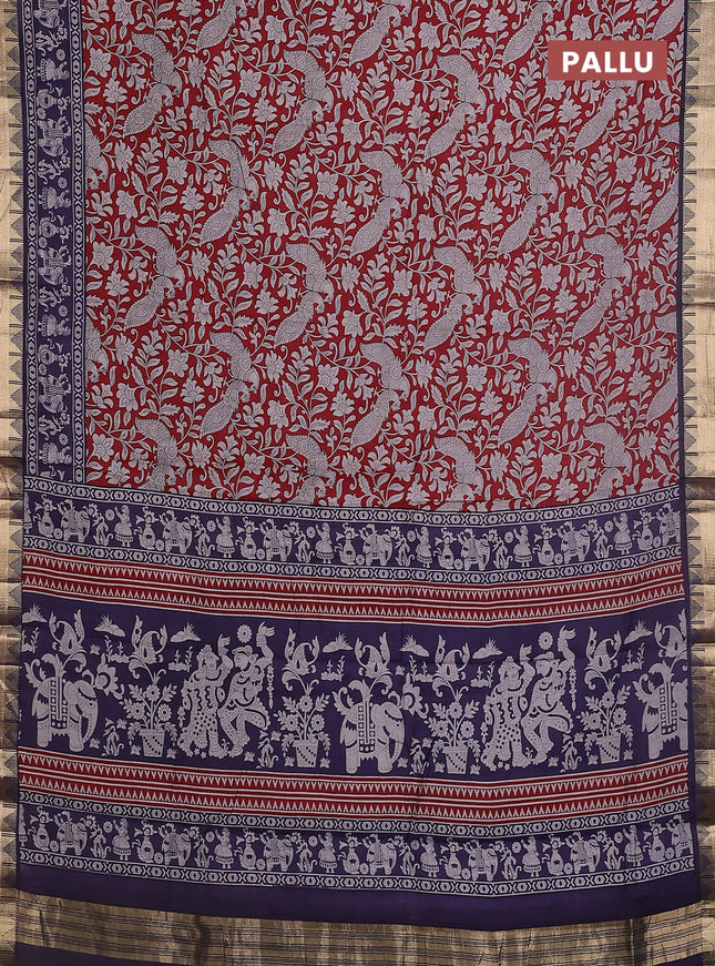 Maheshwari cotton saree maroon and navy blue with allover kalamkari prints and zari woven border