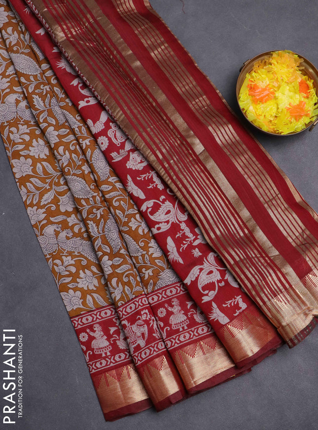 Maheshwari cotton saree mustard yellow and maroon with allover kalamkari prints and zari woven border