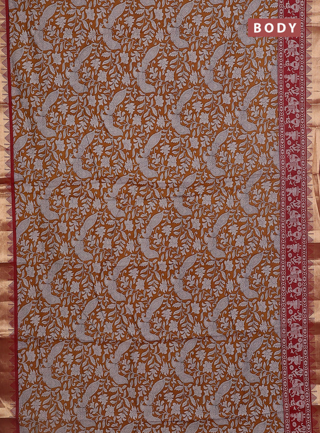 Maheshwari cotton saree mustard yellow and maroon with allover kalamkari prints and zari woven border