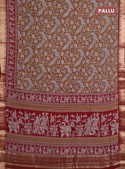 Maheshwari cotton saree mustard yellow and maroon with allover kalamkari prints and zari woven border