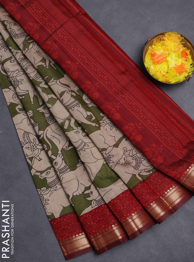 Maheshwari cotton saree sap green and maroon with allover pichwai prints and zari woven border