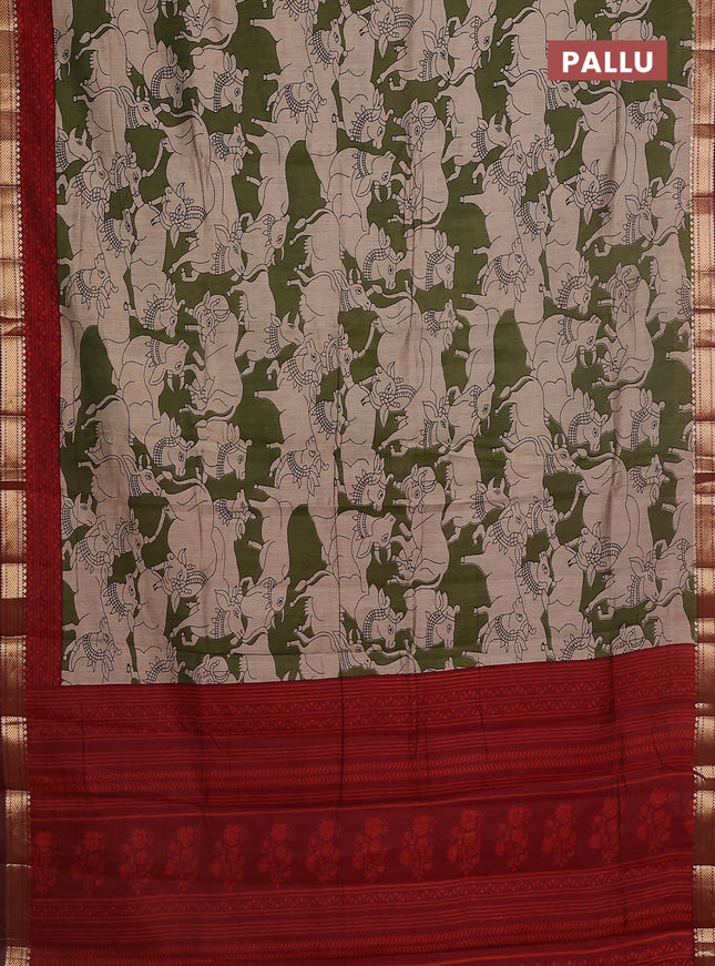 Maheshwari cotton saree sap green and maroon with allover pichwai prints and zari woven border