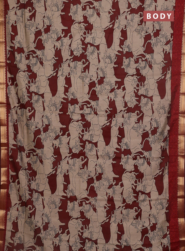 Maheshwari cotton saree maroon and beige with allover pichwai prints and zari woven border