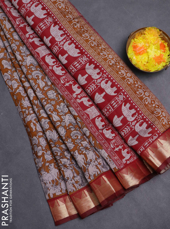 Maheshwari cotton saree dark mustard and maroon with allover kalamkari prints and zari woven border