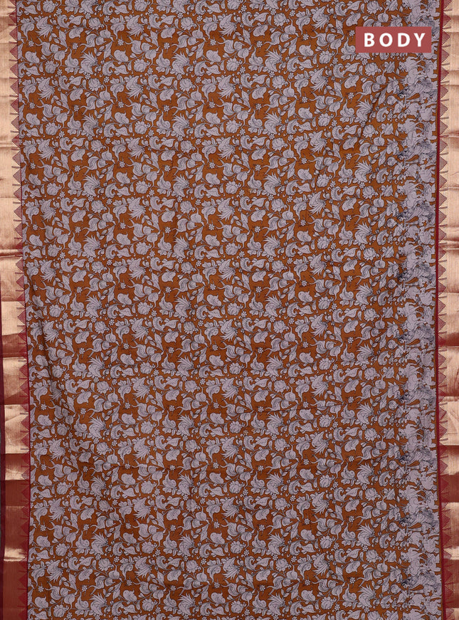 Maheshwari cotton saree dark mustard and maroon with allover kalamkari prints and zari woven border