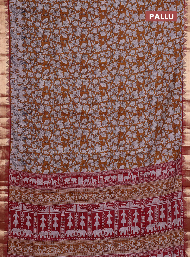 Maheshwari cotton saree dark mustard and maroon with allover kalamkari prints and zari woven border