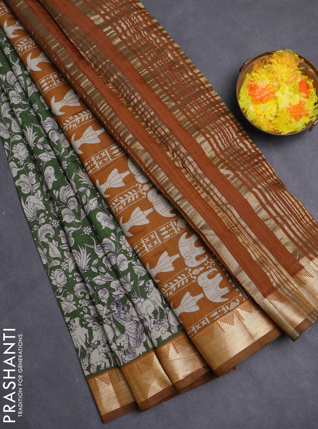 Maheshwari cotton saree sap green and dark mustard with allover kalamkari prints and zari woven border