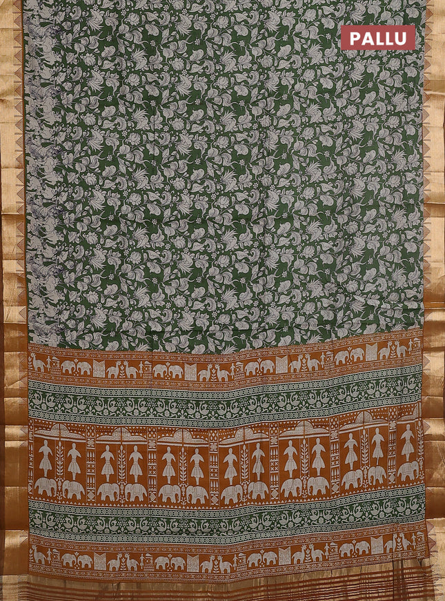 Maheshwari cotton saree sap green and dark mustard with allover kalamkari prints and zari woven border