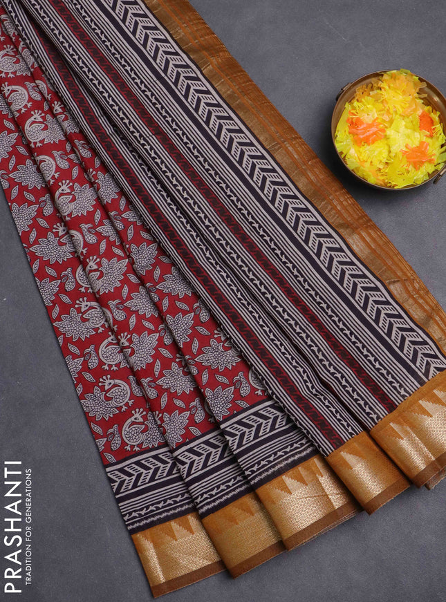 Maheshwari cotton saree maroon and dark mustard with allover kalamkari prints and zari woven border