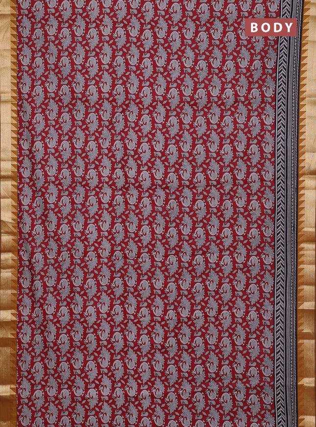 Maheshwari cotton saree maroon and dark mustard with allover kalamkari prints and zari woven border