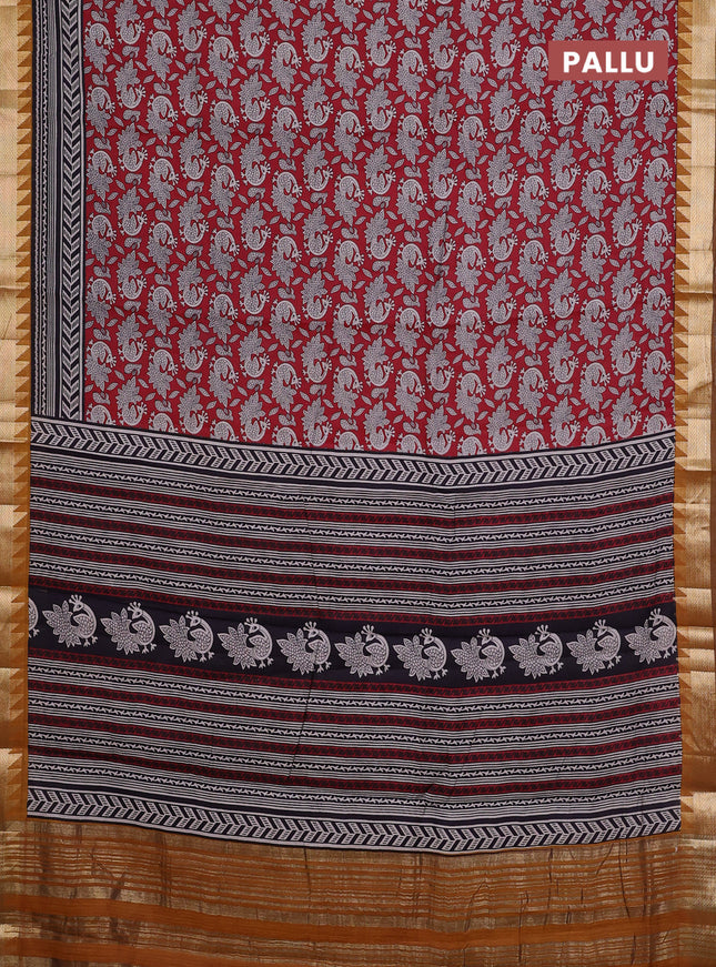 Maheshwari cotton saree maroon and dark mustard with allover kalamkari prints and zari woven border