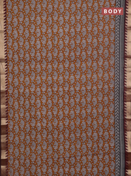 Maheshwari cotton saree dark mustard and maroon with allover kalamkari prints and zari woven border