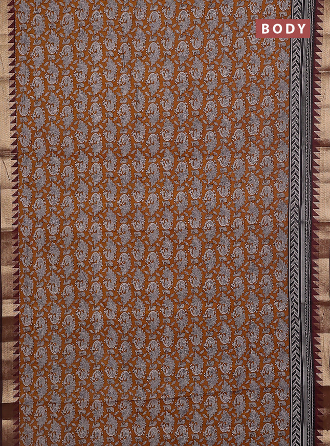 Maheshwari cotton saree dark mustard and maroon with allover kalamkari prints and zari woven border