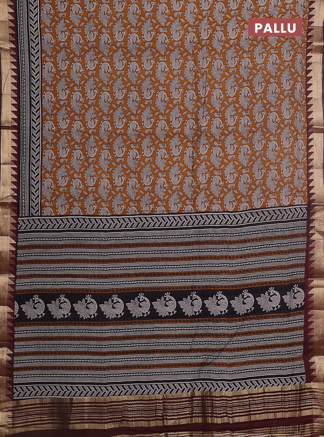Maheshwari cotton saree dark mustard and maroon with allover kalamkari prints and zari woven border