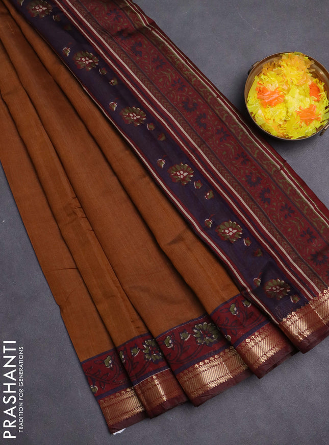 Maheshwari cotton saree dark mustard and maroon with plain body and zari woven border