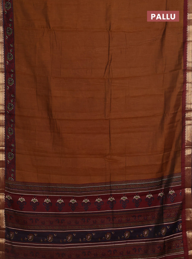 Maheshwari cotton saree dark mustard and maroon with plain body and zari woven border