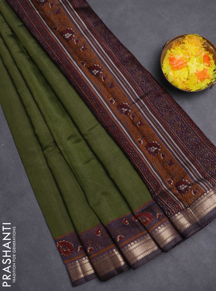 Maheshwari cotton saree sap green and wine shade with plain body and zari woven border