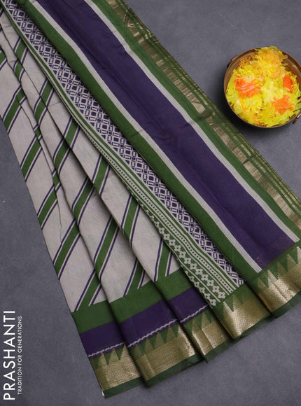 Maheshwari cotton saree grey shade and sap green with allover stripe pattern and zari woven border