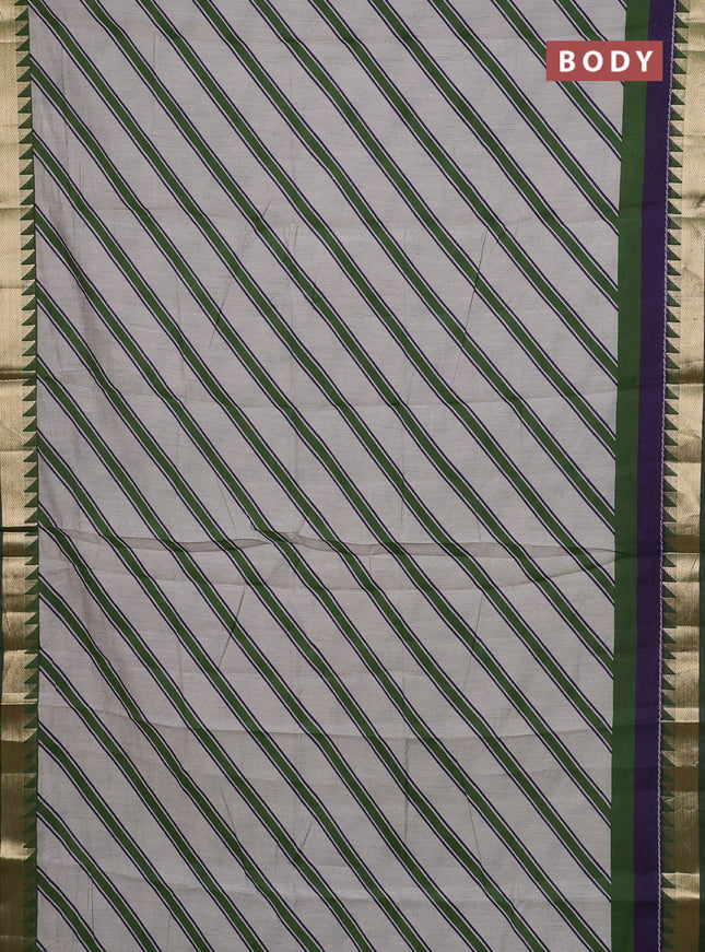 Maheshwari cotton saree grey shade and sap green with allover stripe pattern and zari woven border