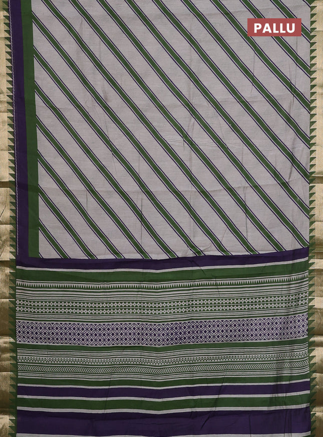 Maheshwari cotton saree grey shade and sap green with allover stripe pattern and zari woven border