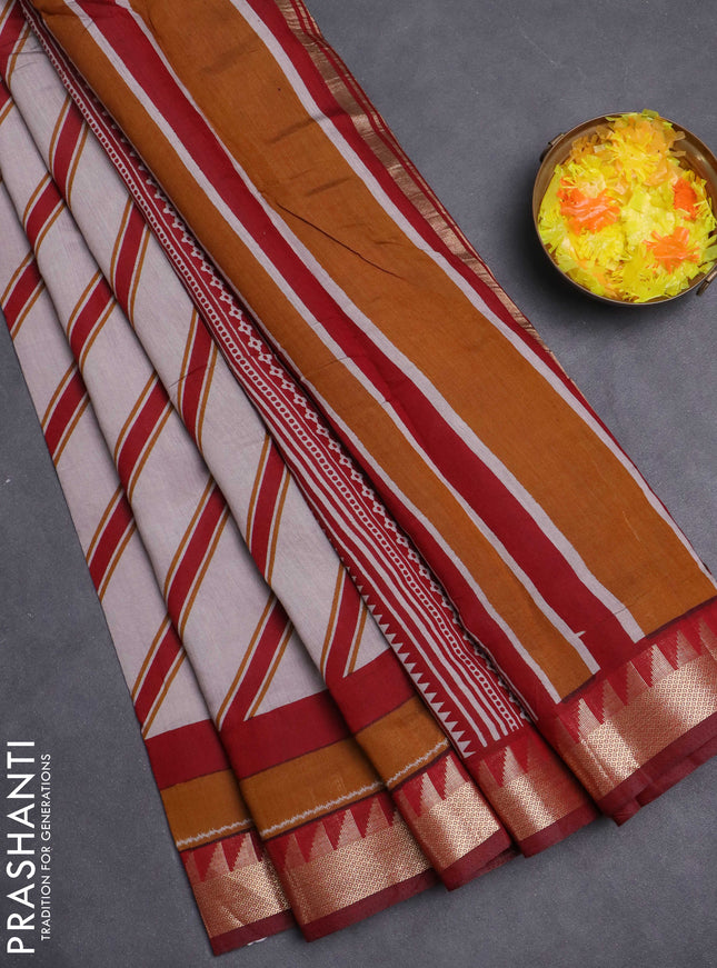 Maheshwari cotton saree grey shade and maroon with allover stripe pattern and zari woven border