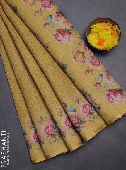 Linen cotton saree yellow with allover prints and printed border