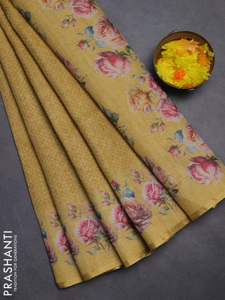 Linen cotton saree yellow with allover prints and printed border