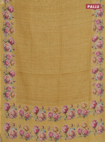 Linen cotton saree yellow with allover prints and printed border