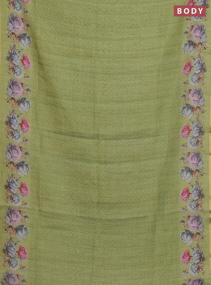 Linen cotton saree light green with allover prints and printed border