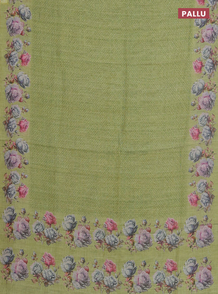 Linen cotton saree light green with allover prints and printed border