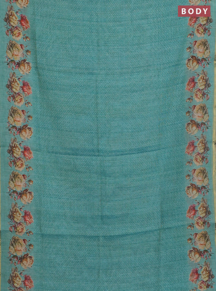 Linen cotton saree teal blue with allover prints and printed border