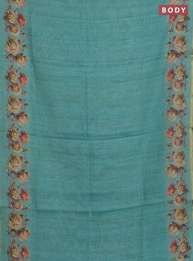 Linen cotton saree teal blue with allover prints and printed border