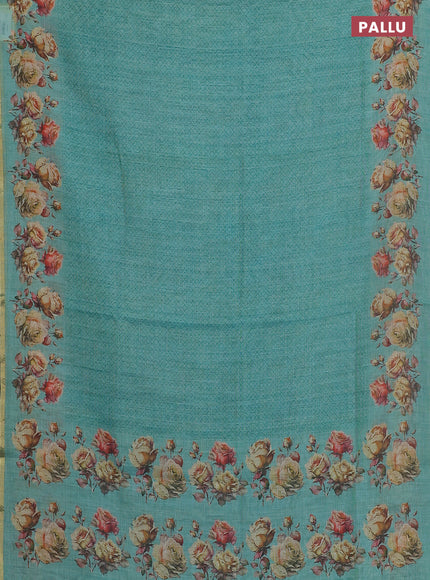 Linen cotton saree teal blue with allover prints and printed border
