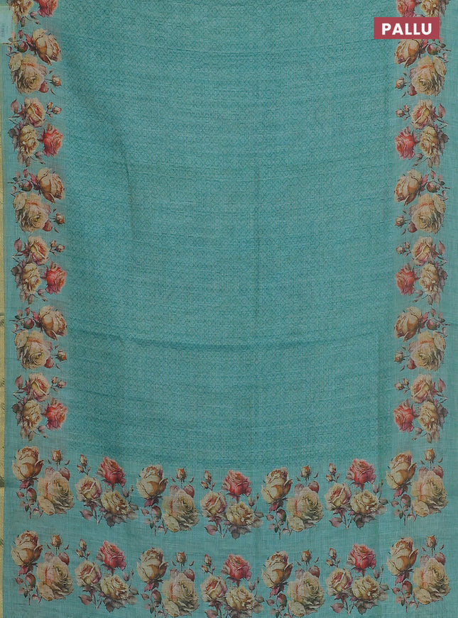 Linen cotton saree teal blue with allover prints and printed border