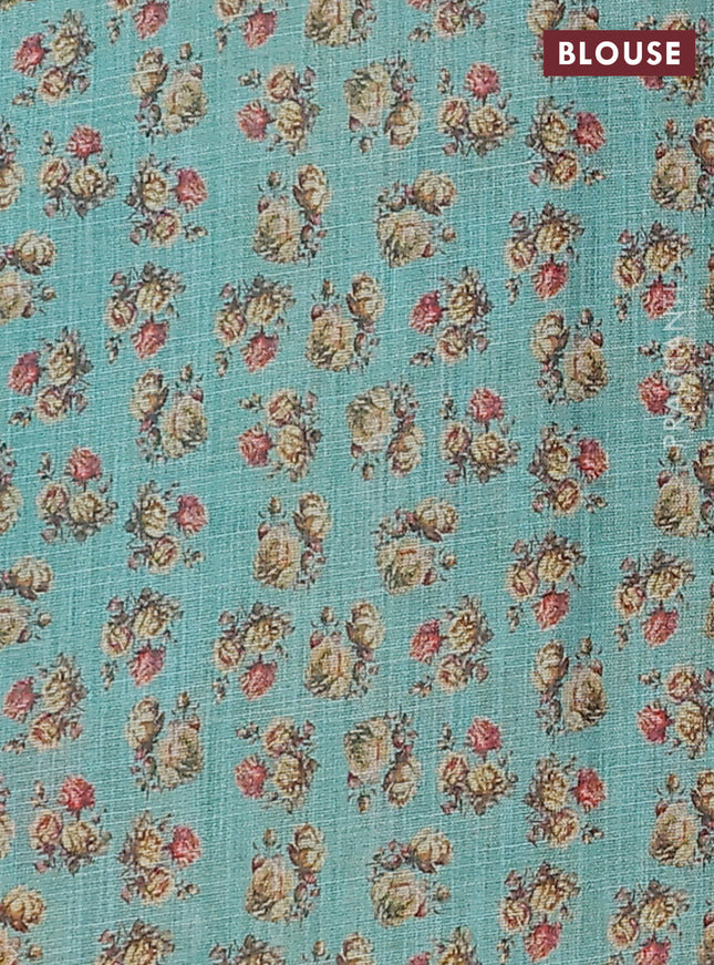 Linen cotton saree teal blue with allover prints and printed border