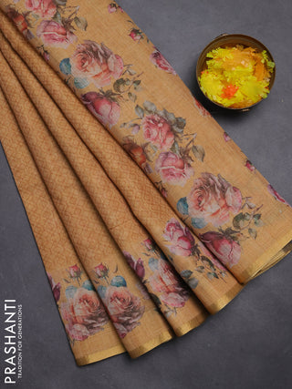 Linen cotton saree mustard yellow with allover prints and printed border