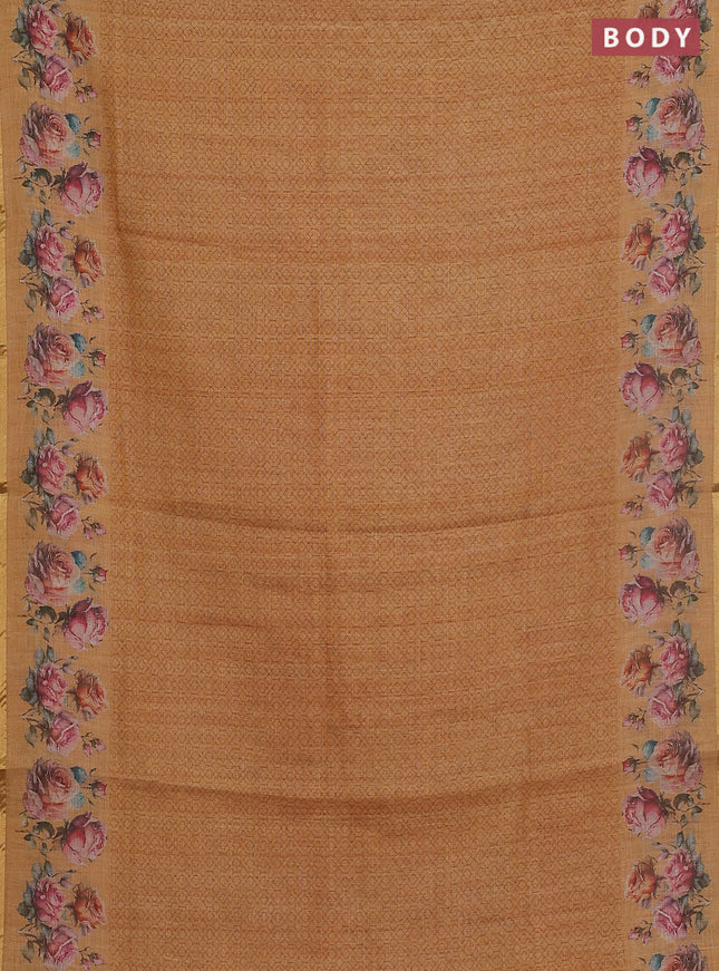 Linen cotton saree mustard yellow with allover prints and printed border